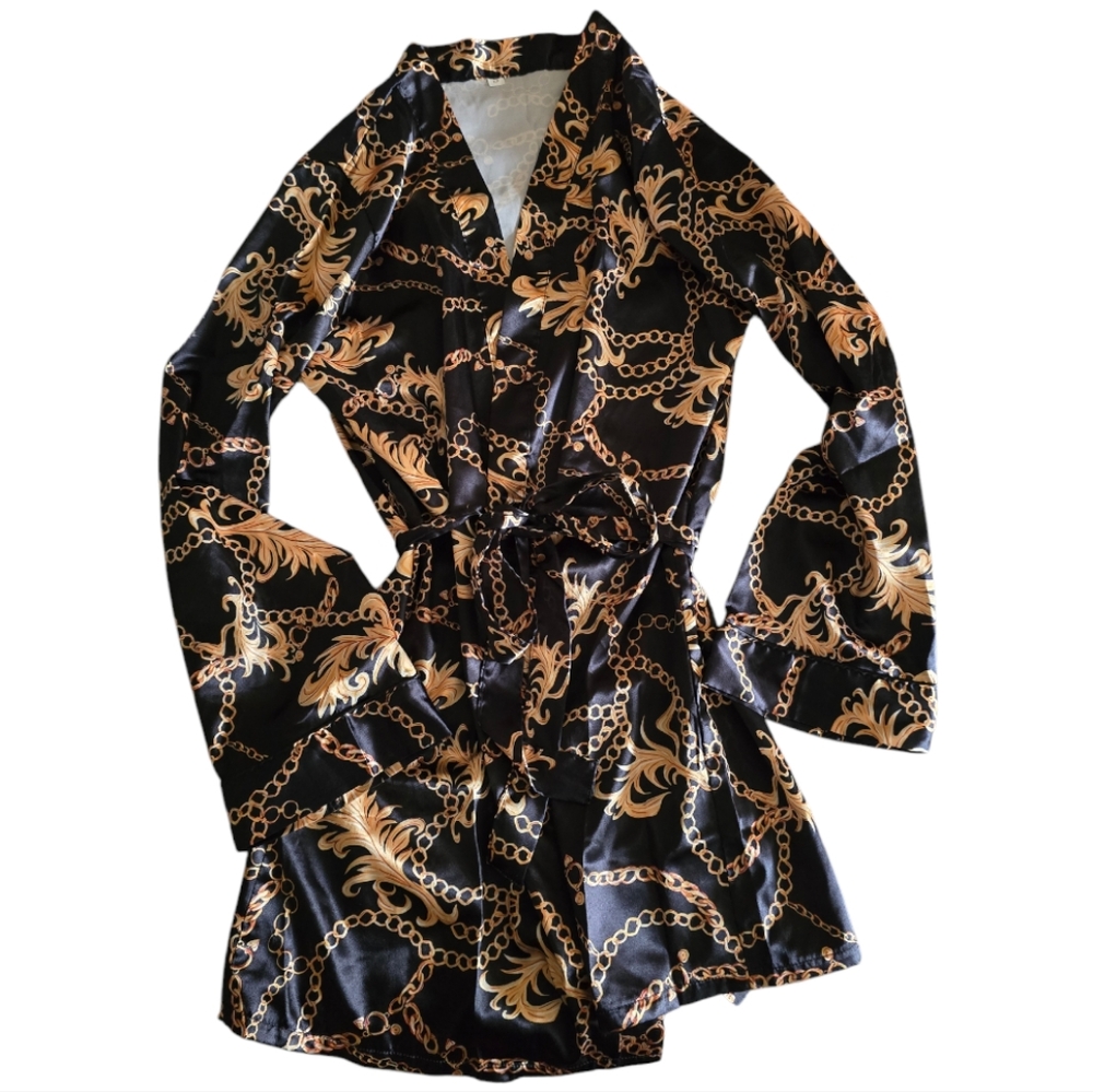 ⛓️ Baroque Chain Print Belted Satin Robe Size Small - Picture 3 of 5